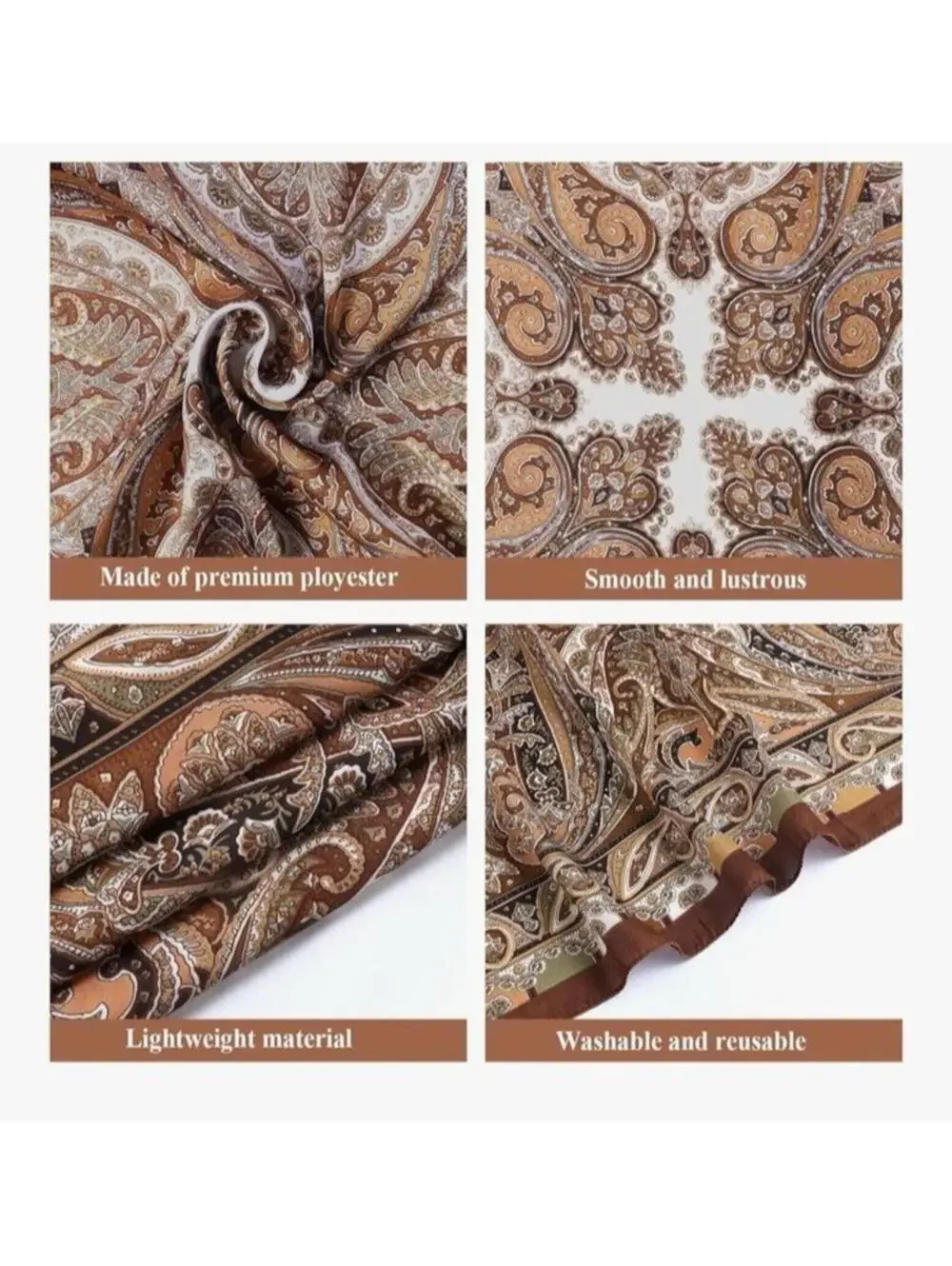 Brown Paisley Polyester Satin Head Scarf Silky Hair Bandana Neck Scarf NEW